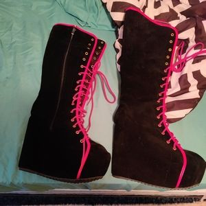 Black and Hot Pink Tie Up High Boots